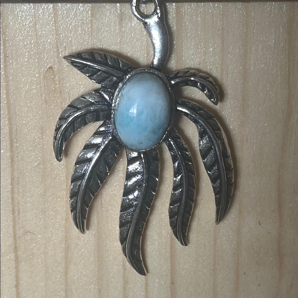 Silver Palm Leaf Pendant with Larimar Stone